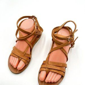 Ancient Greek Sandals - Size 8 Natural Leather Tie up Gold Buckles